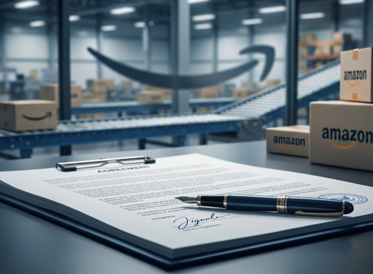 una firma su un accordo, con sullo sfondo il magazzino logistico Amazon