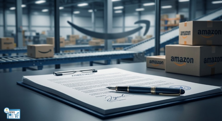 una firma su un accordo, con sullo sfondo il magazzino logistico Amazon