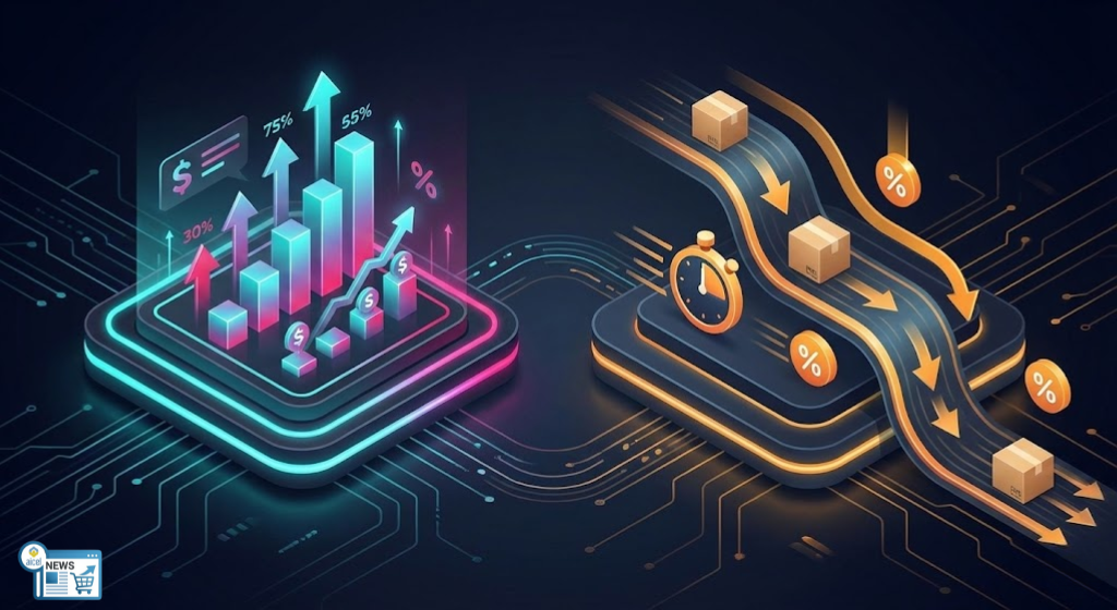 Illustrazione concettuale che confronta le strategie 2026 di TikTok Shop (aumento commissioni) e Amazon (riduzione costi)