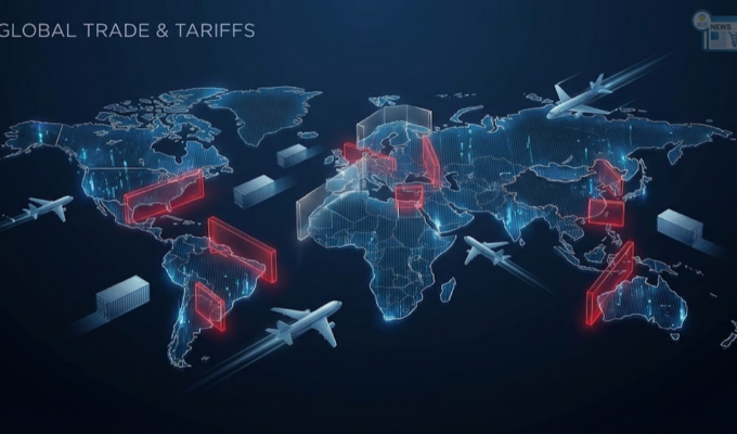 global map stylized with digital grid lines, showing red glowing barriers (representing tariffs) between continents.
