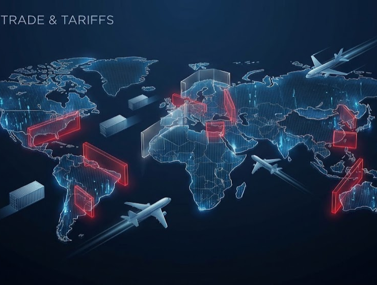 global map stylized with digital grid lines, showing red glowing barriers (representing tariffs) between continents.