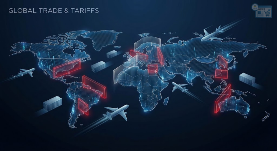 global map stylized with digital grid lines, showing red glowing barriers (representing tariffs) between continents.