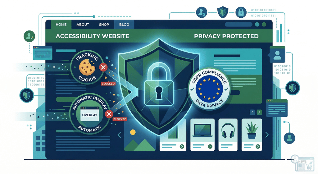 Illustrazione vettoriale di uno scudo digitale che blocca un cookie tracciante e un plugin di overlay automatico su una pagina web, con un lucchetto che simboleggia la conformità GDPR.
