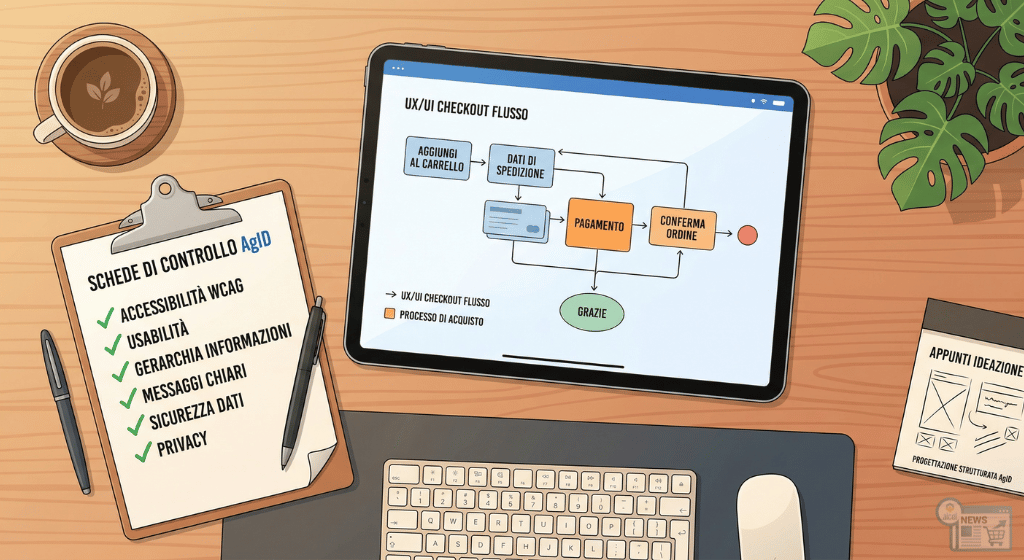 Scrivania di un progettista web vista dall'alto: un tablet mostra la mappa del flusso di acquisto di un e-commerce accanto a una checklist AgID con spunte verdi di verifica.