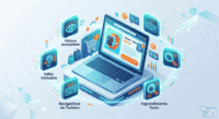 Illustrazione 3D di un laptop con carrello e-commerce circondato da icone di accessibilità digitale: occhio, orecchio, tastiera e lente di ingrandimento.