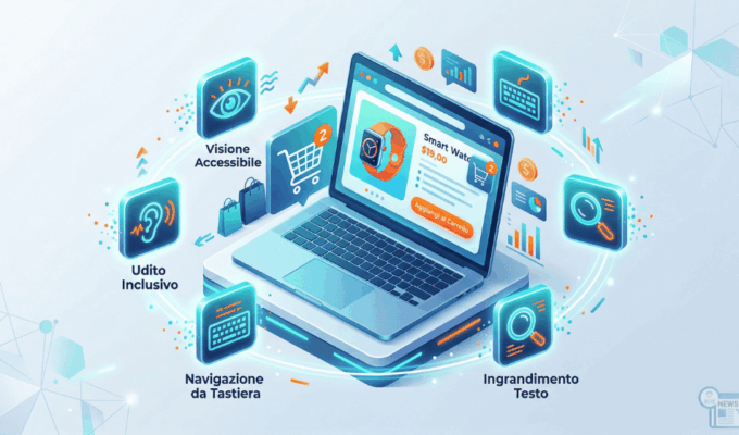 Illustrazione 3D di un laptop con carrello e-commerce circondato da icone di accessibilità digitale: occhio, orecchio, tastiera e lente di ingrandimento.