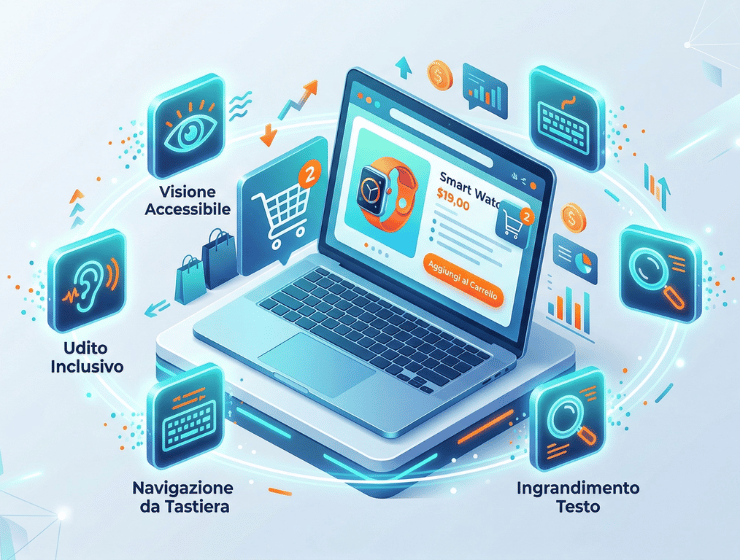 Illustrazione 3D di un laptop con carrello e-commerce circondato da icone di accessibilità digitale: occhio, orecchio, tastiera e lente di ingrandimento.
