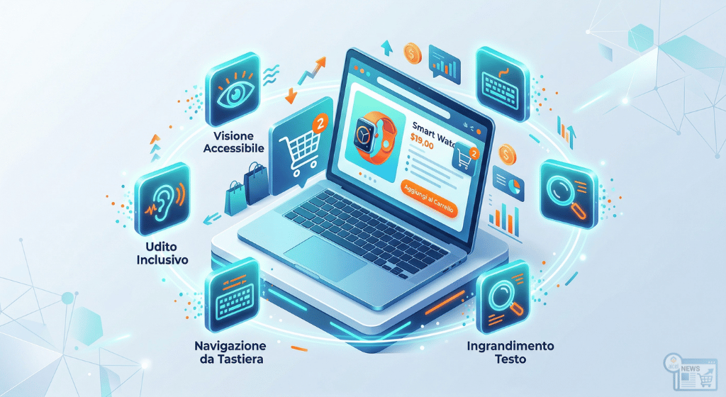 Illustrazione 3D di un laptop con carrello e-commerce circondato da icone di accessibilità digitale: occhio, orecchio, tastiera e lente di ingrandimento.