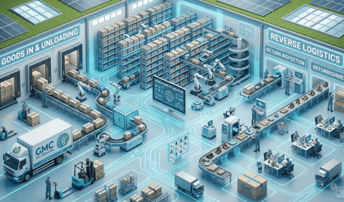Illustrazione isometrica di un centro logistico 3PL avanzato che mostra il ciclo completo: stoccaggio, gestione degli ordini e area dedicata al ricondizionamento dei resi (re-commerce).