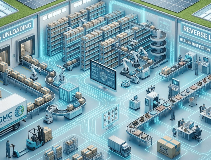 Illustrazione isometrica di un centro logistico 3PL avanzato che mostra il ciclo completo: stoccaggio, gestione degli ordini e area dedicata al ricondizionamento dei resi (re-commerce).