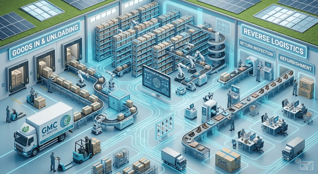 Illustrazione isometrica di un centro logistico 3PL avanzato che mostra il ciclo completo: stoccaggio, gestione degli ordini e area dedicata al ricondizionamento dei resi (re-commerce).
