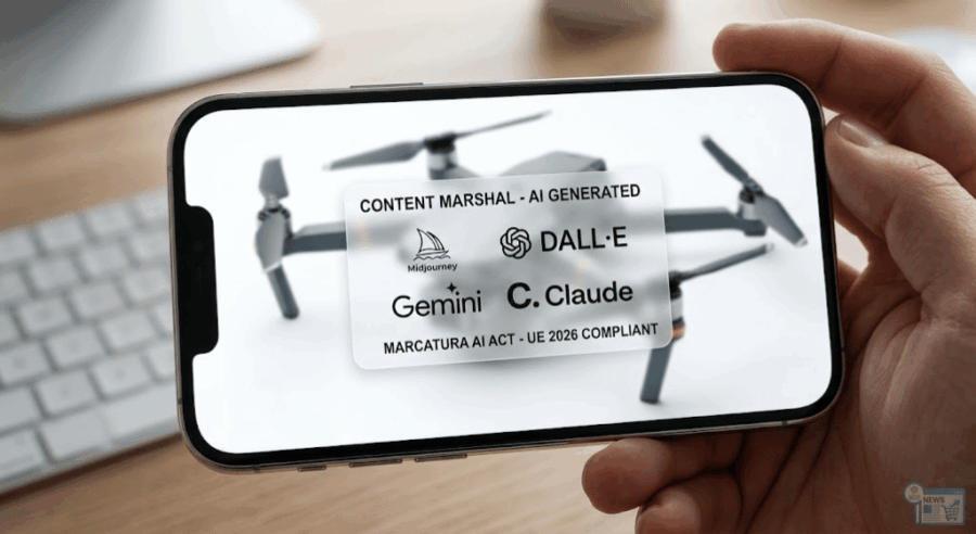 Primo piano fotografico iperrealistico di uno smartphone. Al centro del display, l'etichettatura digitale per contenuti generati da AI è l'elemento principale, mostrando chiaramente i loghi di Midjourney, DALL-E, Gemini, Claude e la dicitura di conformità all'AI Act.