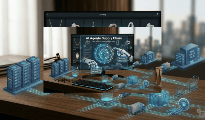 Rappresentazione concettuale di un'intelligenza artificiale agentica che autorizza pagamenti e gestisce l'inventario e-commerce