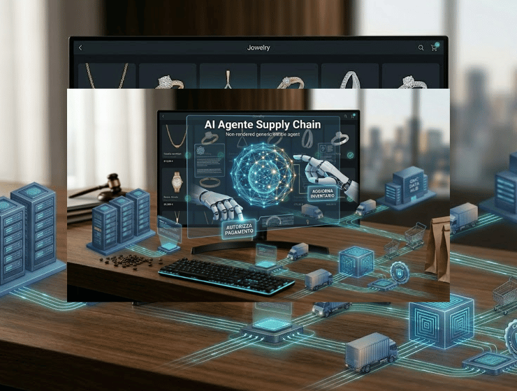 Rappresentazione concettuale di un'intelligenza artificiale agentica che autorizza pagamenti e gestisce l'inventario e-commerce