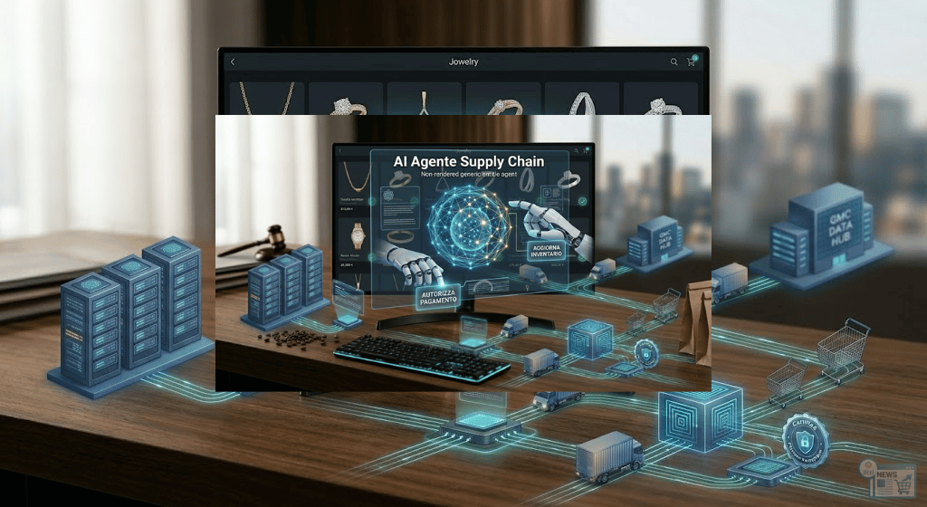 Rappresentazione concettuale di un'intelligenza artificiale agentica che autorizza pagamenti e gestisce l'inventario e-commerce