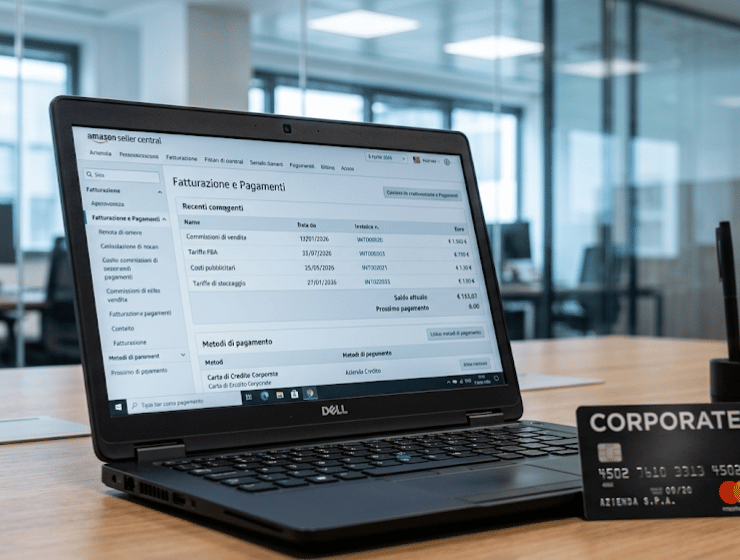 Schermo laptop con avviso di modifica pagamenti Amazon Seller Central e carta di credito aziendale