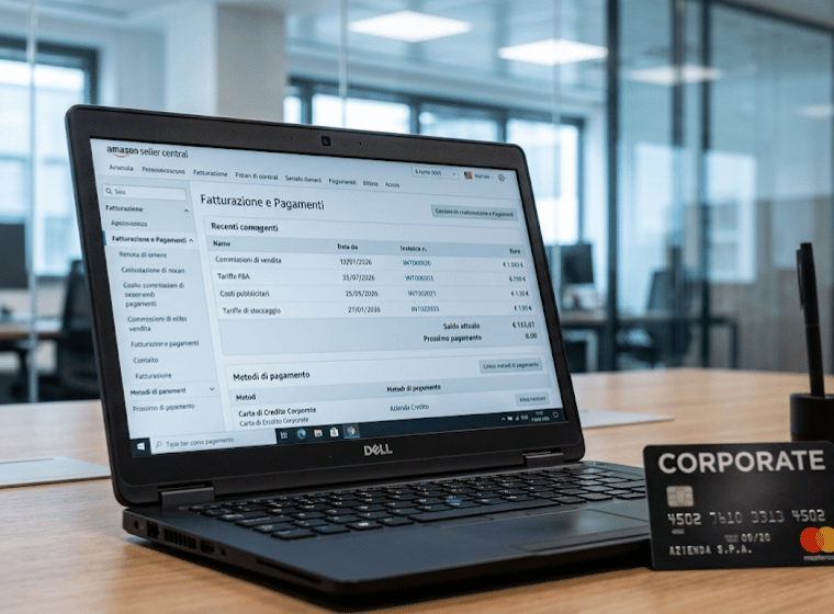 Schermo laptop con avviso di modifica pagamenti Amazon Seller Central e carta di credito aziendale