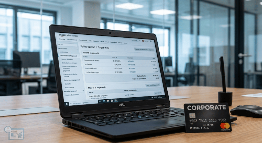 Schermo laptop con avviso di modifica pagamenti Amazon Seller Central e carta di credito aziendale