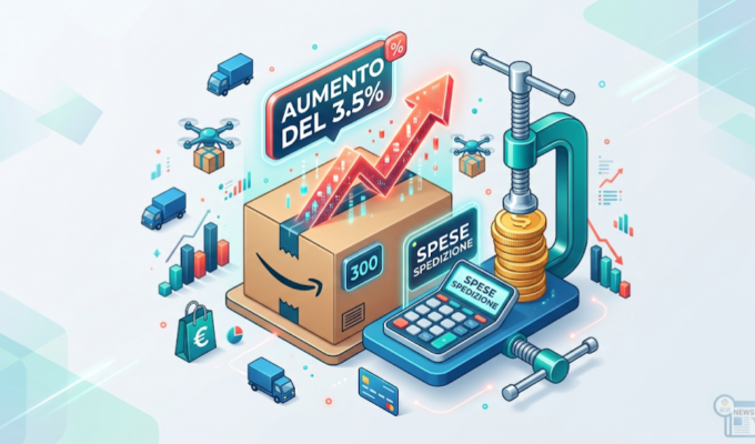 Illustrazione 3D isometrica che rappresenta l'aumento dei costi logistici: un pacco da spedizione con una freccia in salita e il badge 3,5%, accanto a monete compresse che simboleggiano la riduzione dei margini di profitto.