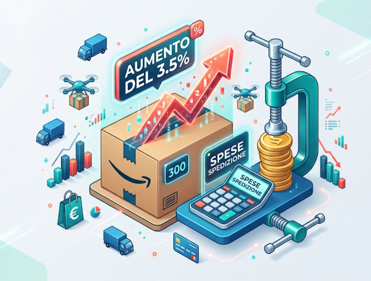 Illustrazione 3D isometrica che rappresenta l'aumento dei costi logistici: un pacco da spedizione con una freccia in salita e il badge 3,5%, accanto a monete compresse che simboleggiano la riduzione dei margini di profitto.