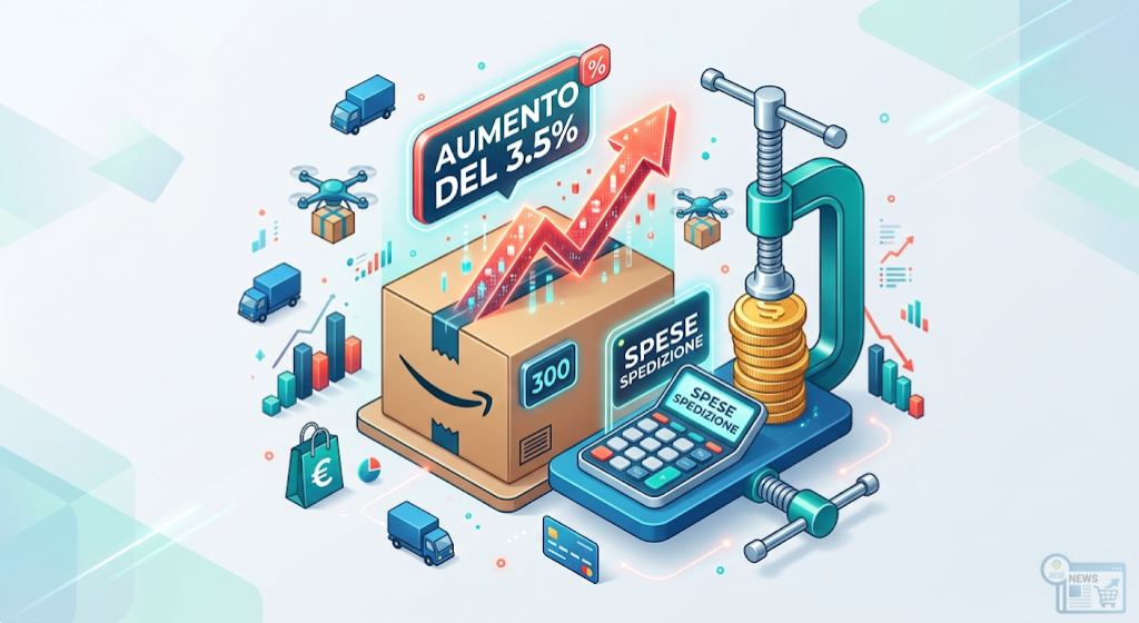 Illustrazione 3D isometrica che rappresenta l'aumento dei costi logistici: un pacco da spedizione con una freccia in salita e il badge 3,5%, accanto a monete compresse che simboleggiano la riduzione dei margini di profitto.