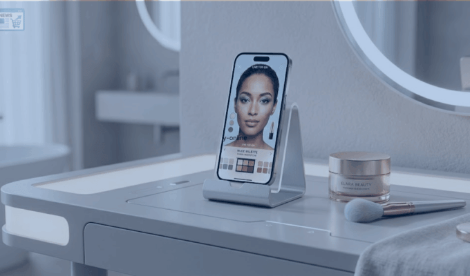 Rituale di bellezza moderno che unisce prodotti di lusso e shopping online su smartphone in una luce naturale