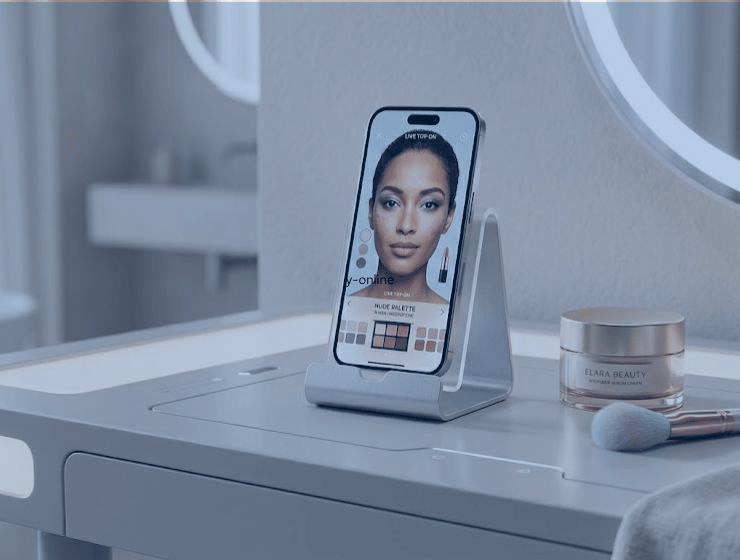 Rituale di bellezza moderno che unisce prodotti di lusso e shopping online su smartphone in una luce naturale