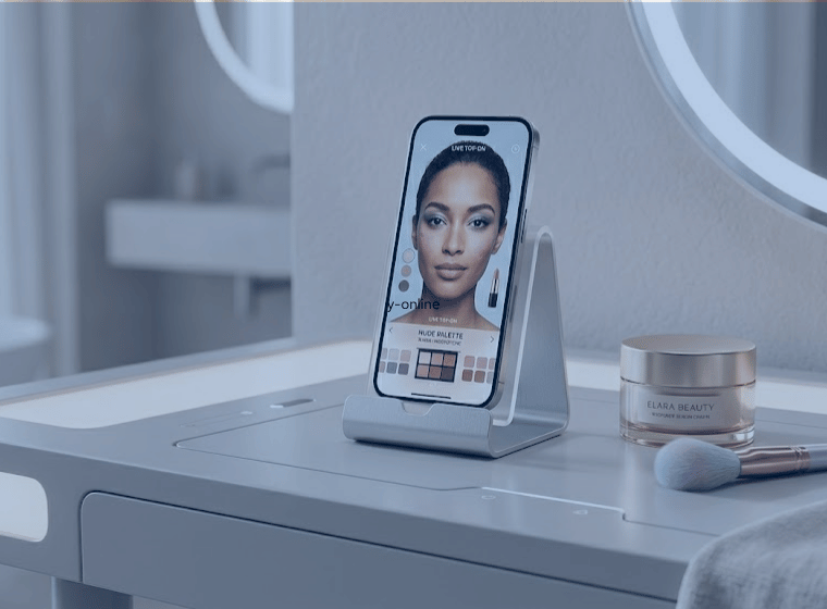 Rituale di bellezza moderno che unisce prodotti di lusso e shopping online su smartphone in una luce naturale