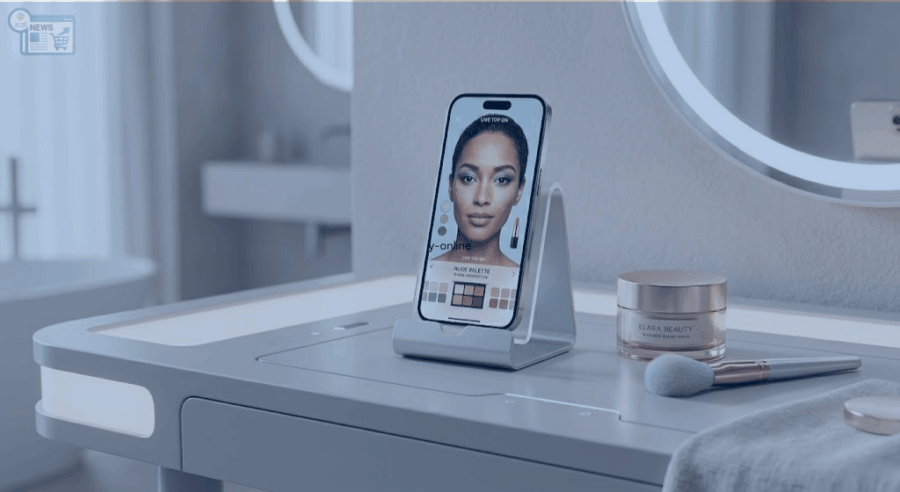 Rituale di bellezza moderno che unisce prodotti di lusso e shopping online su smartphone in una luce naturale