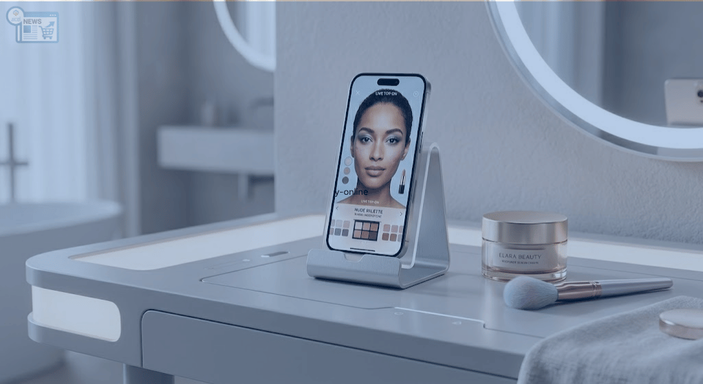 Rituale di bellezza moderno che unisce prodotti di lusso e shopping online su smartphone in una luce naturale