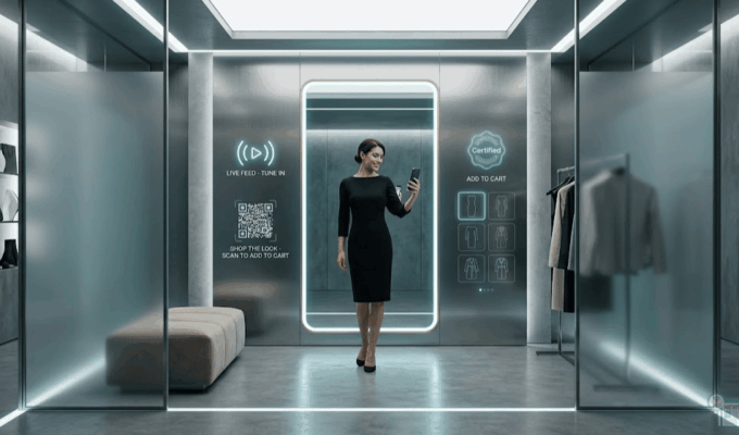 Interno di un camerino di un negozio di abbigliamento Zara dotato di smart-mirror interattivo per live-stream e acquisti digitali.