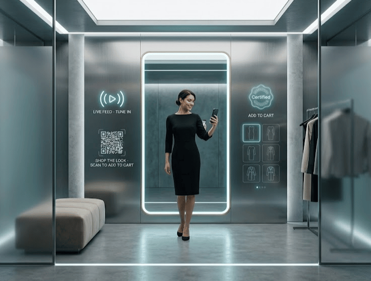 Interno di un camerino di un negozio di abbigliamento Zara dotato di smart-mirror interattivo per live-stream e acquisti digitali.