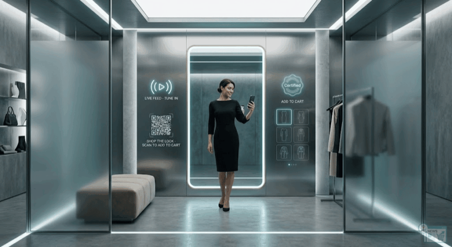 Interno di un camerino di un negozio di abbigliamento Zara dotato di smart-mirror interattivo per live-stream e acquisti digitali.