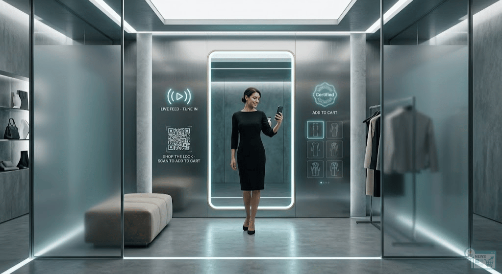 Interno di un camerino di un negozio di abbigliamento Zara dotato di smart-mirror interattivo per live-stream e acquisti digitali.