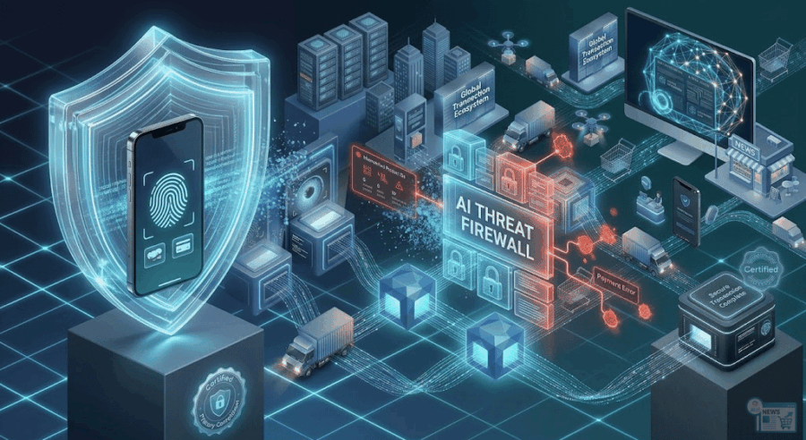 Illustrazione concettuale della cyber-resilienza nell'e-commerce: protezione dei dati e monitoraggio delle transazioni digitali nel 2026.