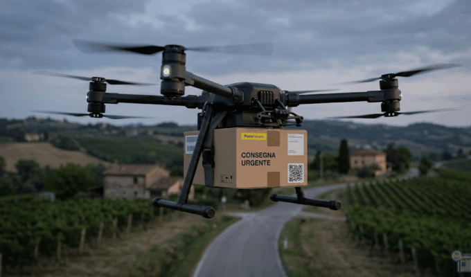 un drone che trasporta un pacco