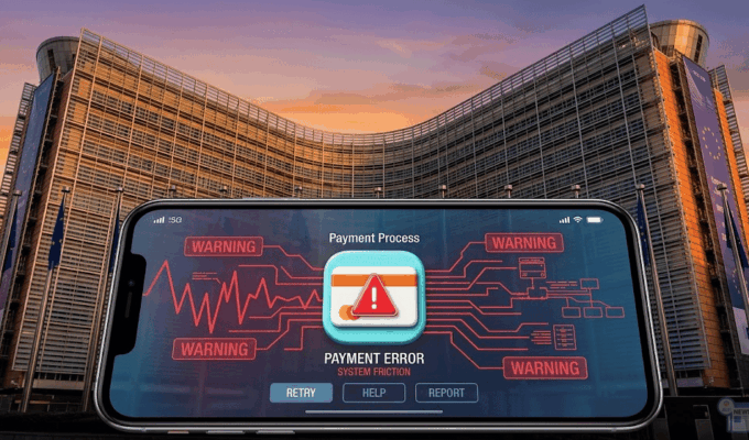 Sede della Commissione Europea con overlay digitale che simboleggia le indagini sulle barriere tecniche dei pagamenti digitali.