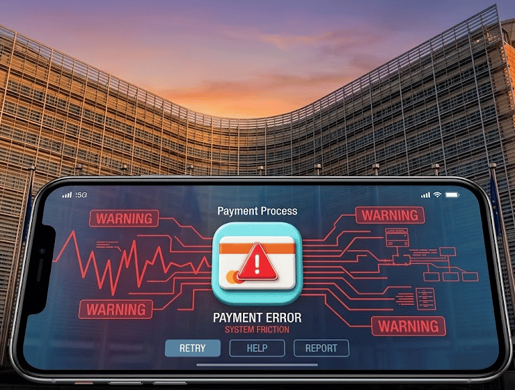 Sede della Commissione Europea con overlay digitale che simboleggia le indagini sulle barriere tecniche dei pagamenti digitali.