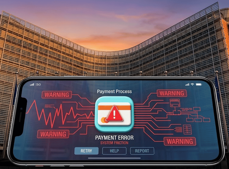 Sede della Commissione Europea con overlay digitale che simboleggia le indagini sulle barriere tecniche dei pagamenti digitali.