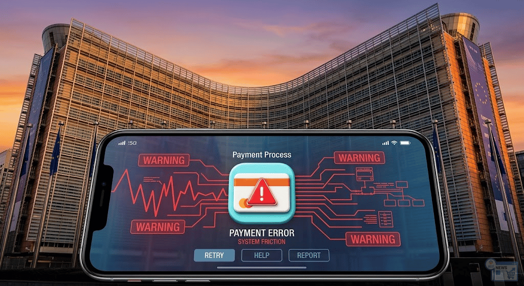 Sede della Commissione Europea con overlay digitale che simboleggia le indagini sulle barriere tecniche dei pagamenti digitali.