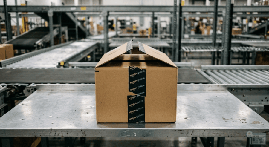 Pacco Amazon parzialmente aperto su un banco da lavoro metallico in un centro logistico.