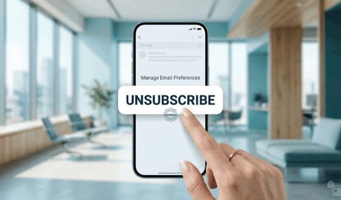 Dettaglio di un utente che effettua la disiscrizione da una newsletter con un'interfaccia chiara e pulsanti visibili, simbolo di trasparenza privacy