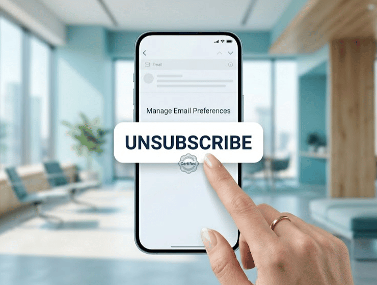 Dettaglio di un utente che effettua la disiscrizione da una newsletter con un'interfaccia chiara e pulsanti visibili, simbolo di trasparenza privacy