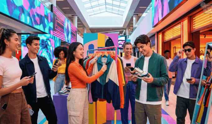 Gruppo di giovani della Generazione Z mentre fanno shopping in un centro commerciale moderno e vibrante. Interagiscono fisicamente con i prodotti (vestiti) e tra loro, pur tenendo in mano smartphone, rappresentando il concetto di 'nativi digitali, acquirenti analogici'.