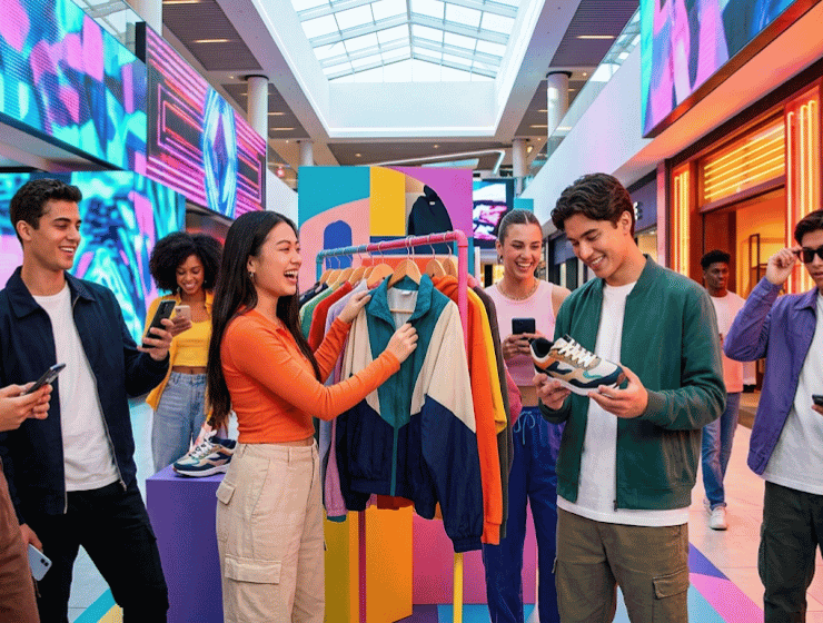 Gruppo di giovani della Generazione Z mentre fanno shopping in un centro commerciale moderno e vibrante. Interagiscono fisicamente con i prodotti (vestiti) e tra loro, pur tenendo in mano smartphone, rappresentando il concetto di 'nativi digitali, acquirenti analogici'.