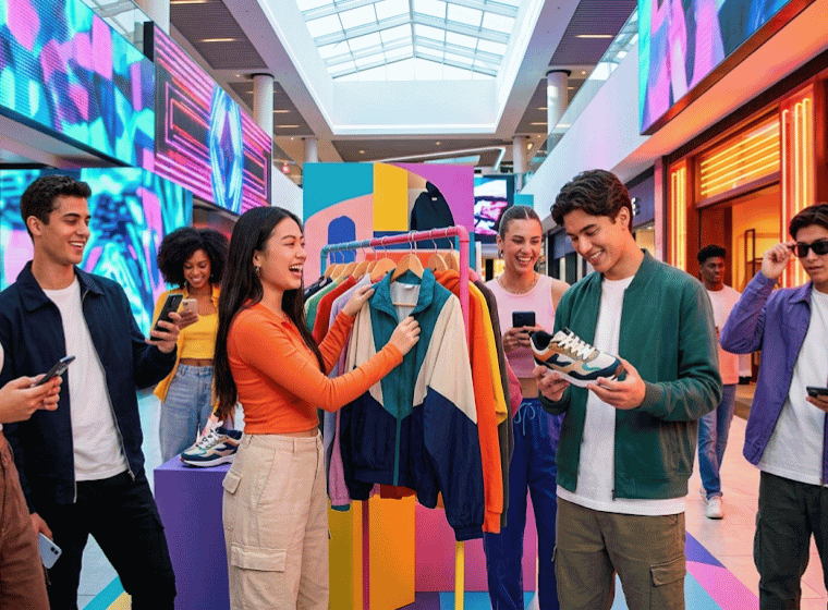 Gruppo di giovani della Generazione Z mentre fanno shopping in un centro commerciale moderno e vibrante. Interagiscono fisicamente con i prodotti (vestiti) e tra loro, pur tenendo in mano smartphone, rappresentando il concetto di 'nativi digitali, acquirenti analogici'.