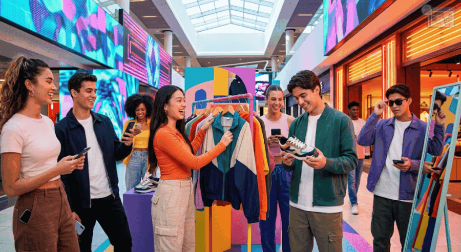 Gruppo di giovani della Generazione Z mentre fanno shopping in un centro commerciale moderno e vibrante. Interagiscono fisicamente con i prodotti (vestiti) e tra loro, pur tenendo in mano smartphone, rappresentando il concetto di 'nativi digitali, acquirenti analogici'.