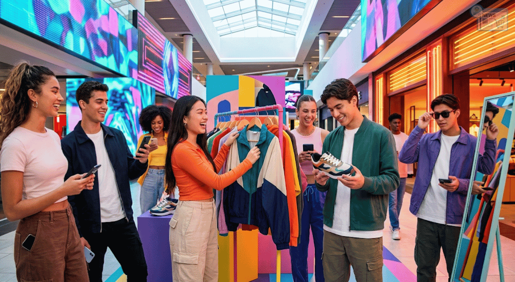 Gruppo di giovani della Generazione Z mentre fanno shopping in un centro commerciale moderno e vibrante. Interagiscono fisicamente con i prodotti (vestiti) e tra loro, pur tenendo in mano smartphone, rappresentando il concetto di 'nativi digitali, acquirenti analogici'.