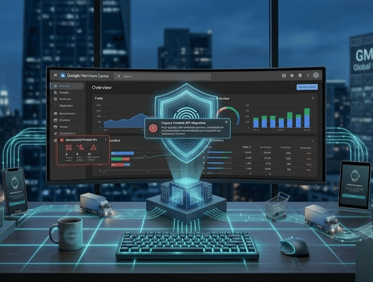 monitor ultra-wide in un ufficio moderno al crepuscolo. Sullo schermo è chiaramente visibile la dashboard di Google Merchant Center (in Dark Mode) con un focus specifico sul pannello "Diagnostica"