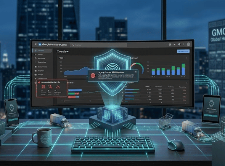 monitor ultra-wide in un ufficio moderno al crepuscolo. Sullo schermo è chiaramente visibile la dashboard di Google Merchant Center (in Dark Mode) con un focus specifico sul pannello "Diagnostica"